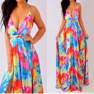 FASHION NOVA Blue Pink Yellow Satin Spaghetti Strap Long Maxi Dress S Small NWT